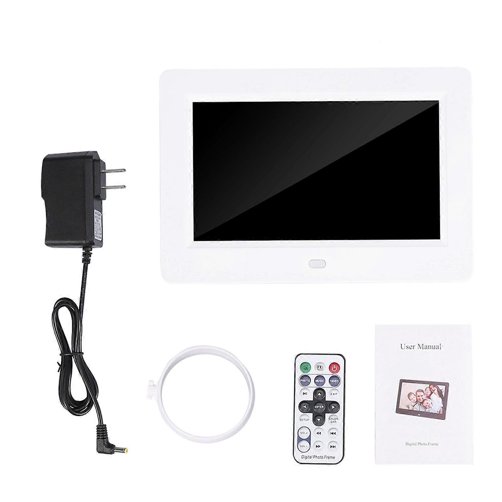 7inch Screen 1024X600 Digital Photo Frame Clock Music Video Player with Remote Control US Plug 100‑240V (White)