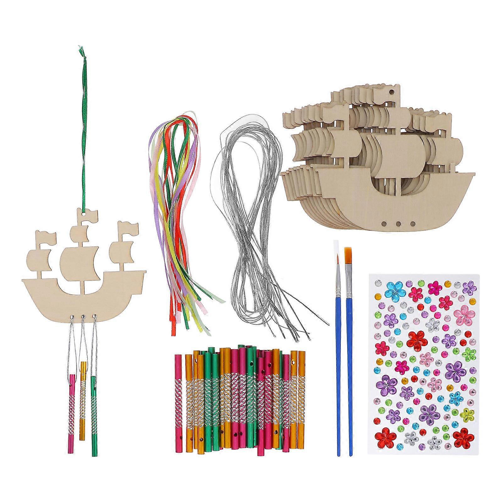 DIY Sailboat Wind Chime Kit for Kids Wooden Craft Complete Set for Daily Use Khaki Color 1 Set
