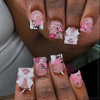 24 Pcs Valentines Day Press On Nail Short Square False Nail 3D Bows Stick On Nail French T