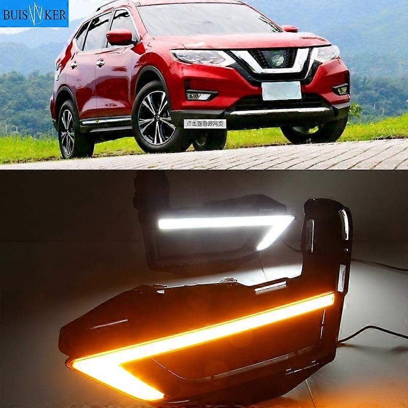Applicable 1Pair DRL For Nissan X-Trail Xtrail X trail 2017 2018 2019 Daytime Running Lights fog lamp cover 12V Daylight with yellow signal