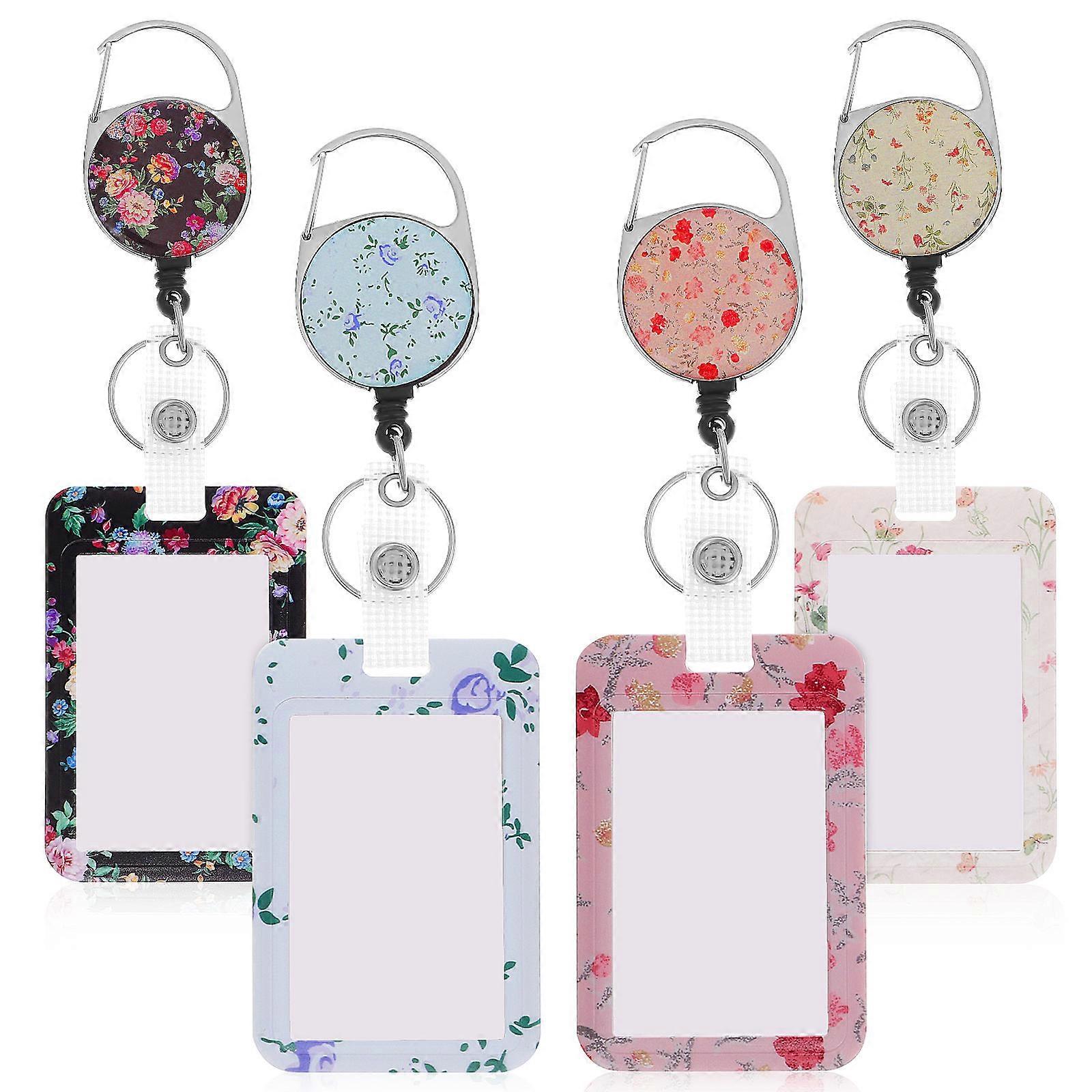 Floral Printing Badge Holder For Nurse Student Worker In Assorted Color With Retractable Reel 4Pcs