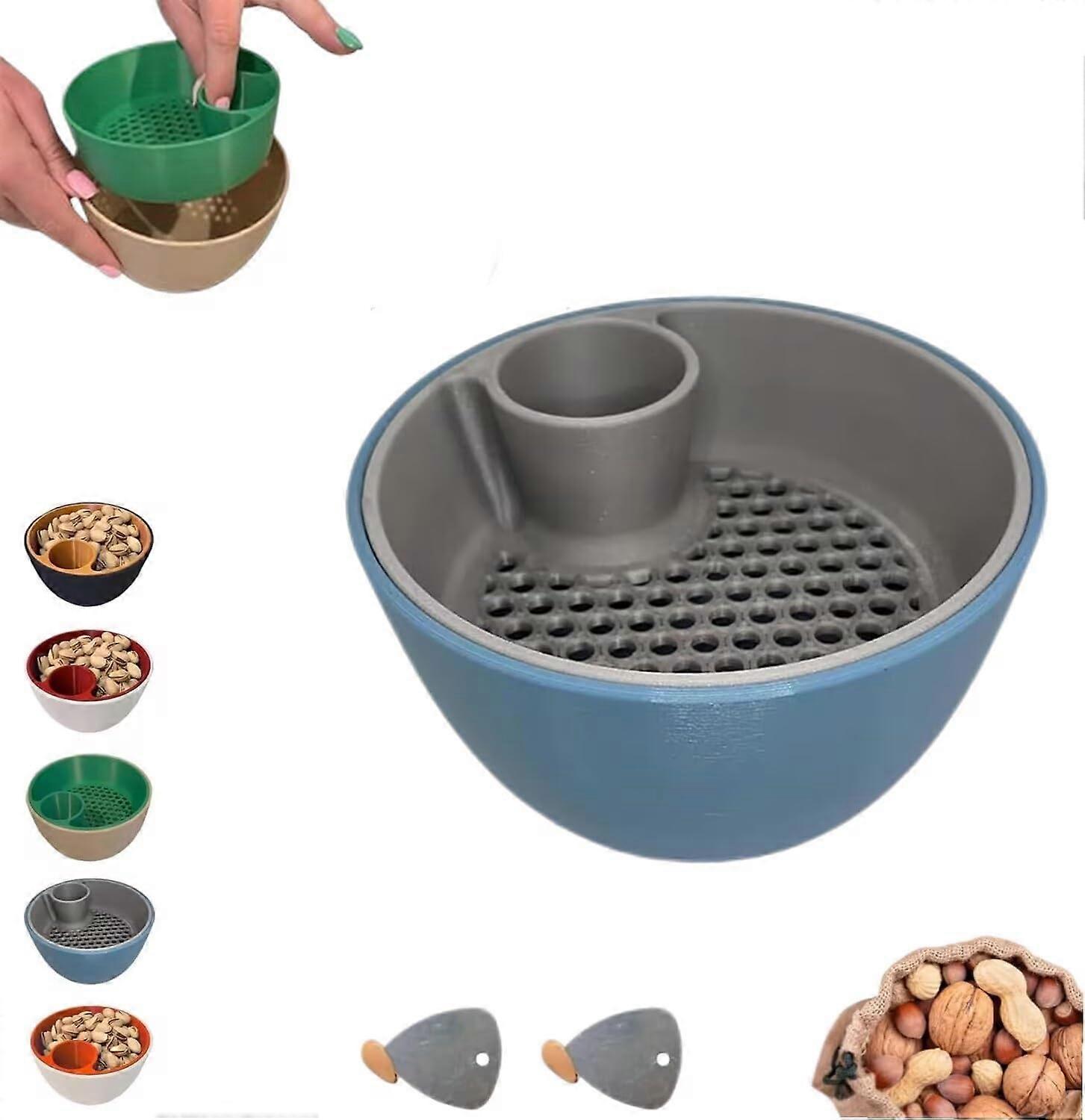 Pistachio Serving Bowl, Large Double Snack Bowl with Shell Storage Holder for Nuts and Fruits, Blue