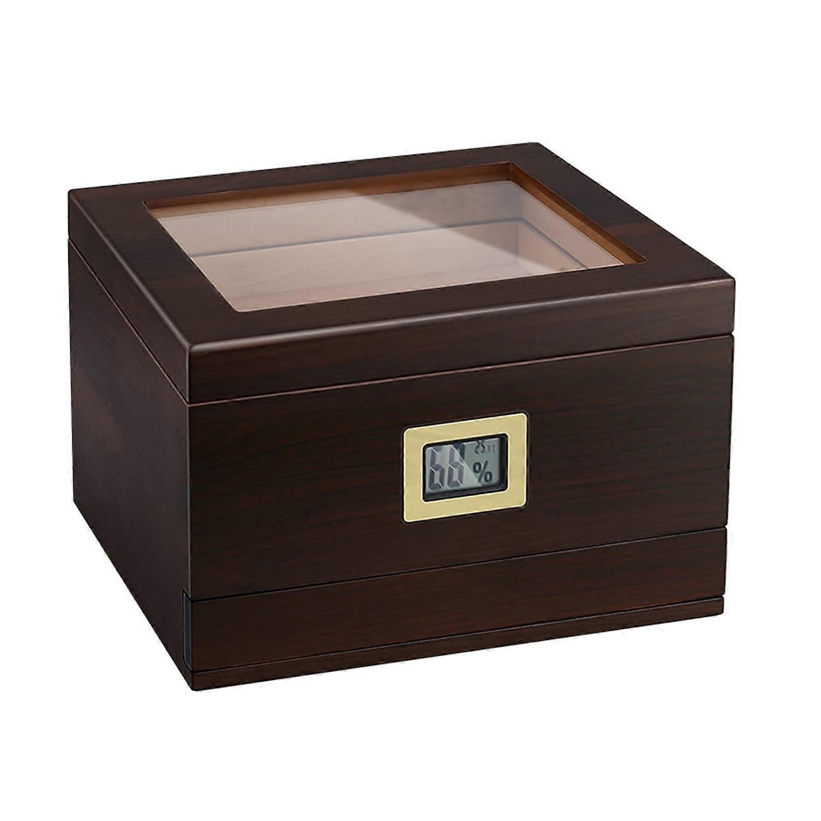 Cigar Humidor Case with Hygrometer, Glass Cover and Storage Drawer Handmade Cedar Wood Cigar Box Up to 50 Cigars Travel Cigar Case for Men Ref: 5700