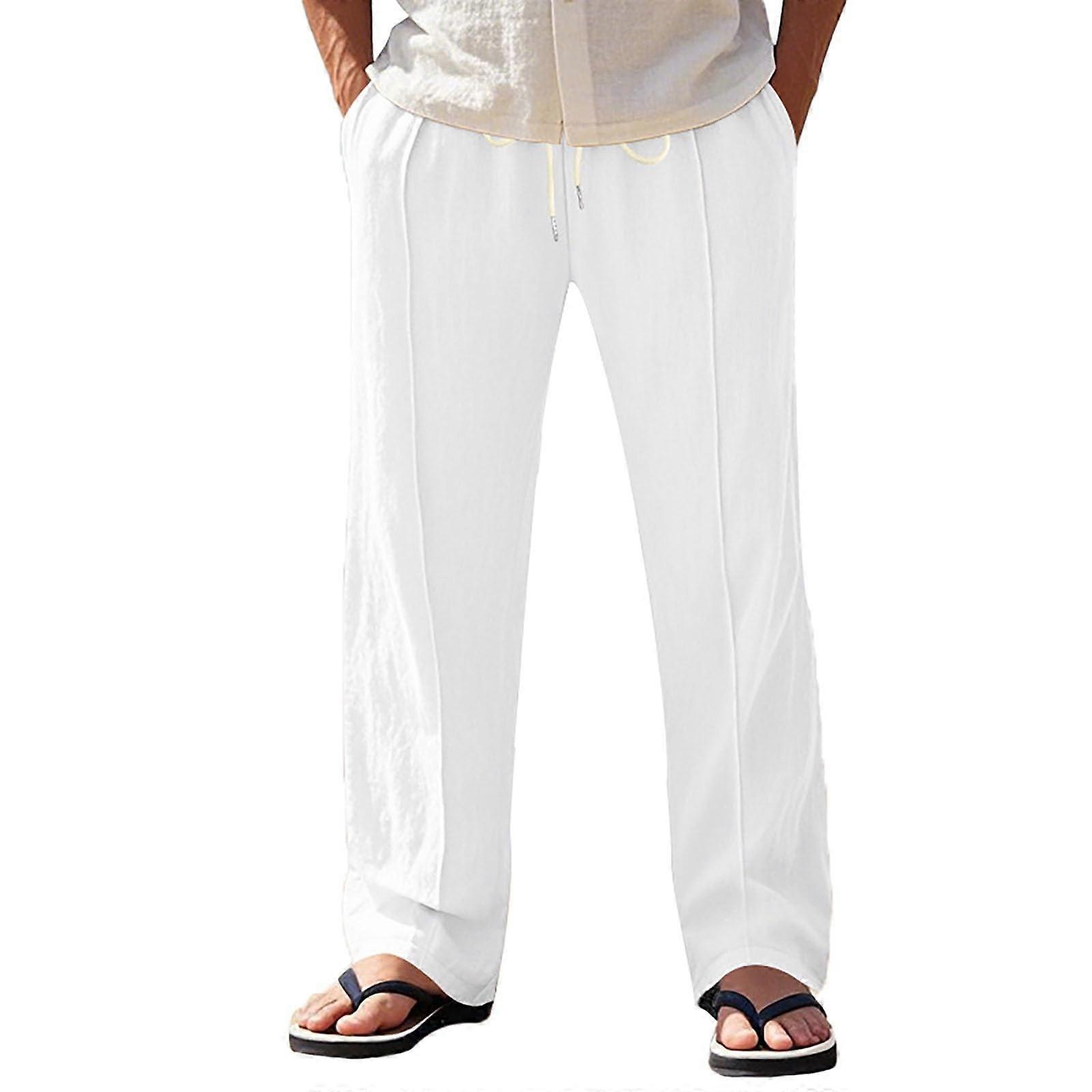 Men's Long Lightweight Summer Trousers Breathable Wide-Leg Trousers With Drawstring Pockets Elastic Waist 3XL White