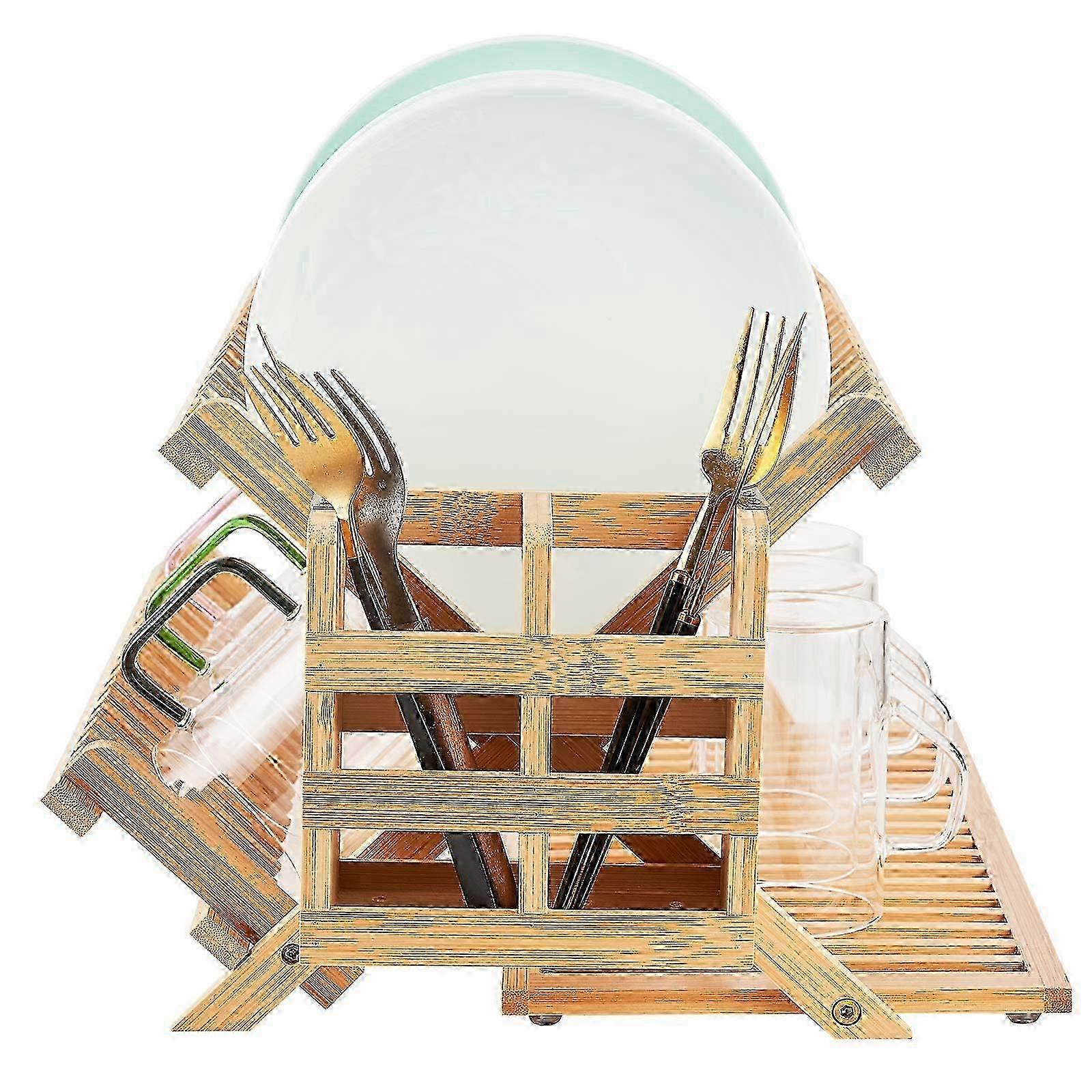 3-Layer Foldable Wooden Dish Drying Rack for Kitchen, Large Space-Saving Storage for Plates and Cutlery