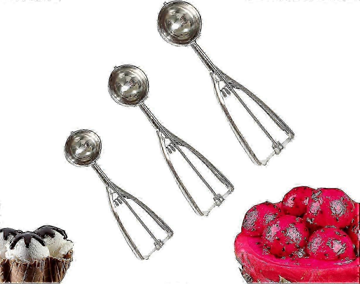 3-Piece Stainless Steel Cookie Scoop Set with Trigger Release for Ice Cream, Fruit & Baking, Silver