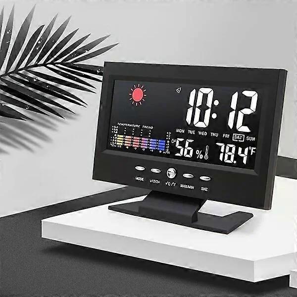 Voice-controlled digital clock, temperature and humidity display, with weather forecast