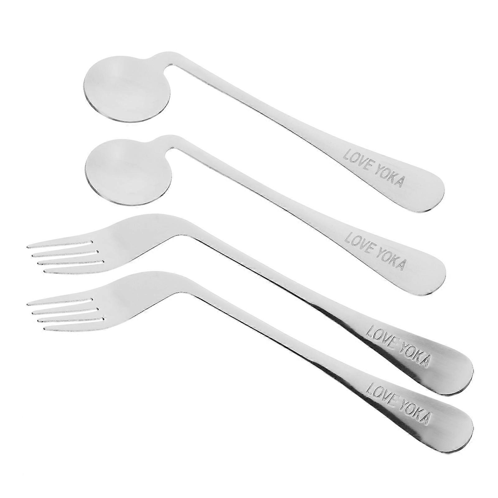 Silver Auxiliary Spoon Curved Fork for Feeding Aid 1Set Stainless Steel