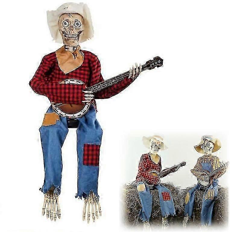 Cowboy Skull Statue, Movable Luminous Skull Ornaments, Funny Banjo Skeleton Statue Figures, Gothic Decoration, Halloween Decoration