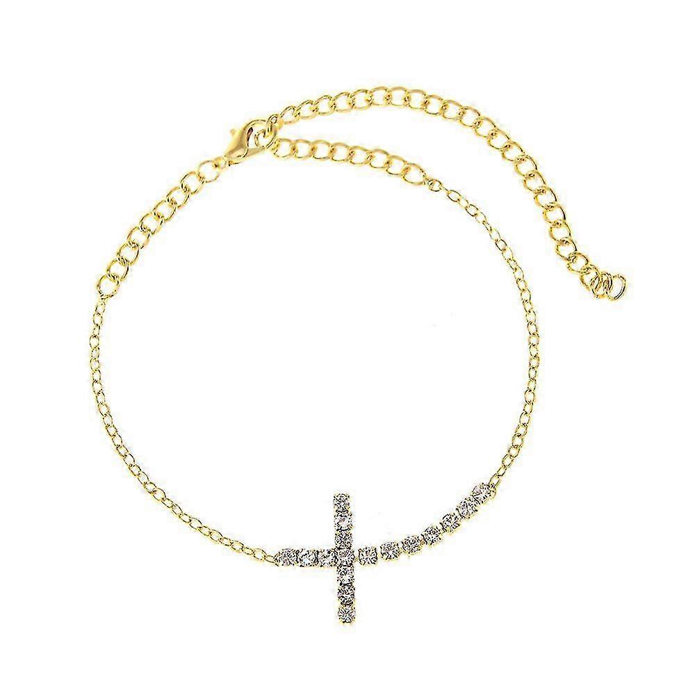Gold Chain Anklets for Women, Copper Cross with Cubic Zirconia, 7.9" + 4" Extender Chain