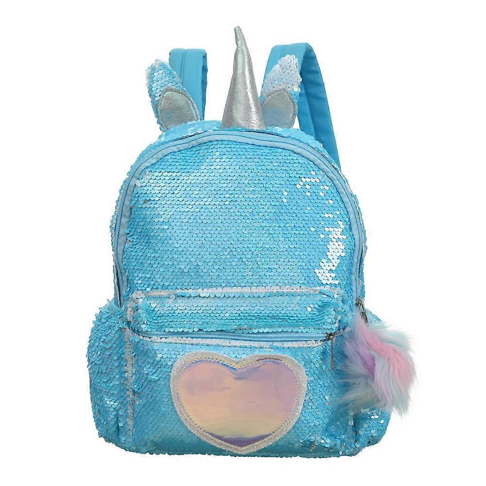 Sky Blue Unicorn Backpack for School Use 2Pcs Kids Sequin Satchel