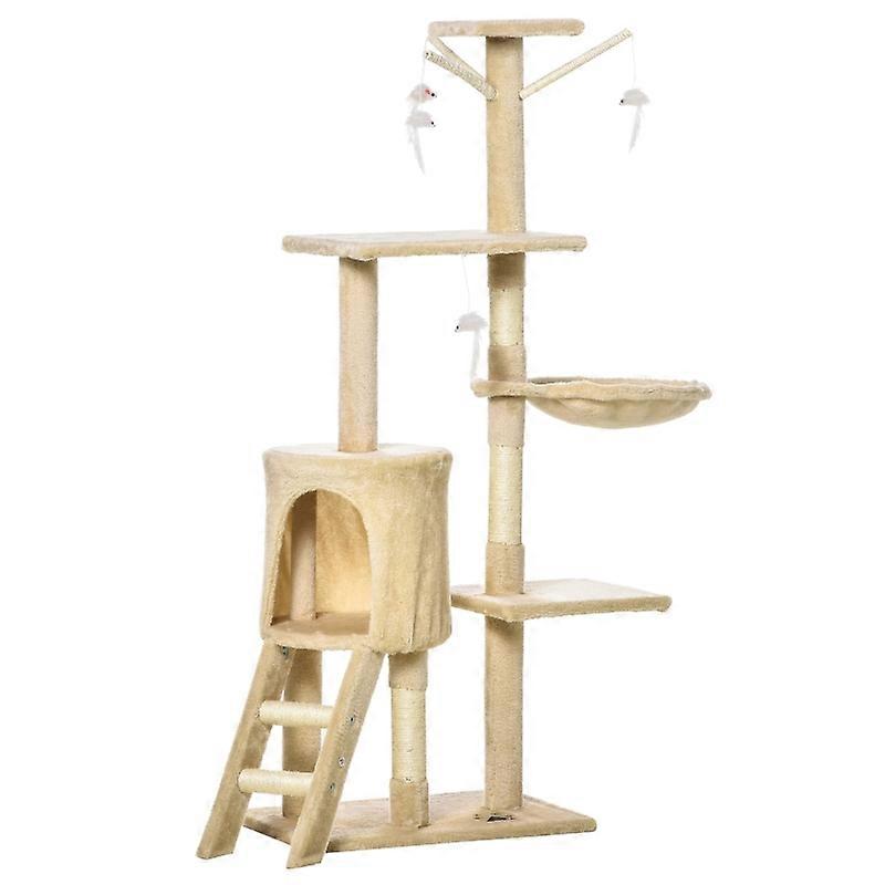 PawHut 134 cm Cat Tree Cave 2 Sisal Posts Platform Ladder Beige White