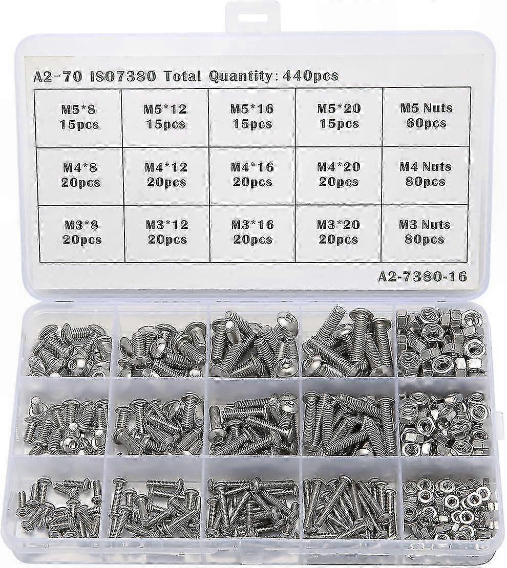 440-Piece Stainless Steel Hex Button Socket Screws Bolts Lock Nuts Assortment with Storage Box M3 M4 M5 Sizes