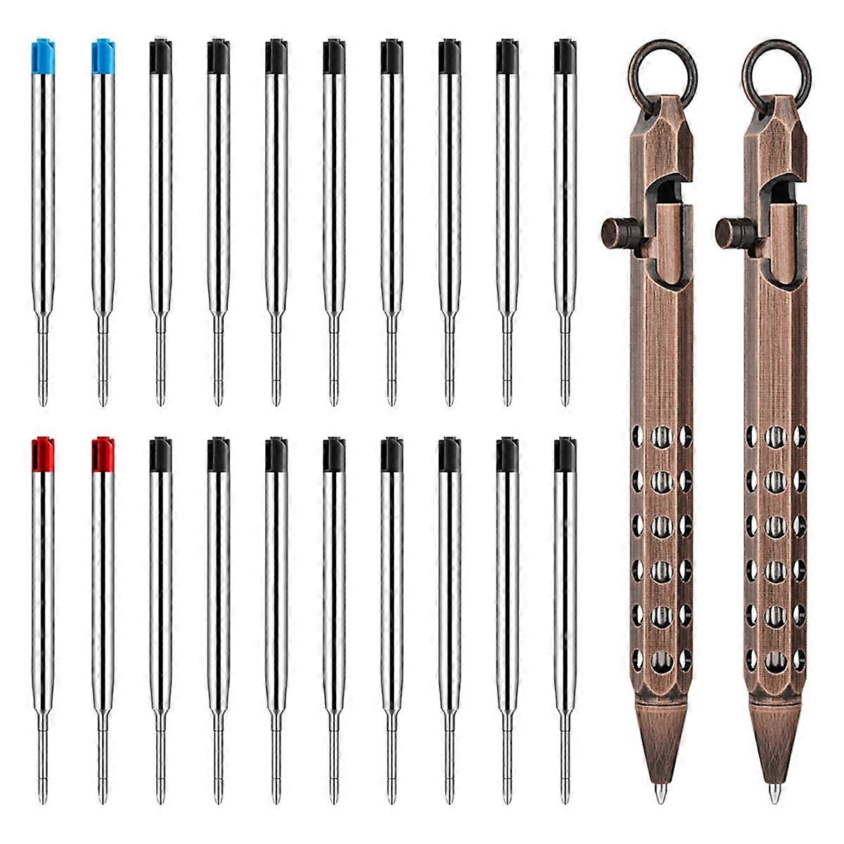 2Pack Bolt Action Pen Set, Hexagonal Solid Brass Pocket Pen with 20 Ballpoint Refills E