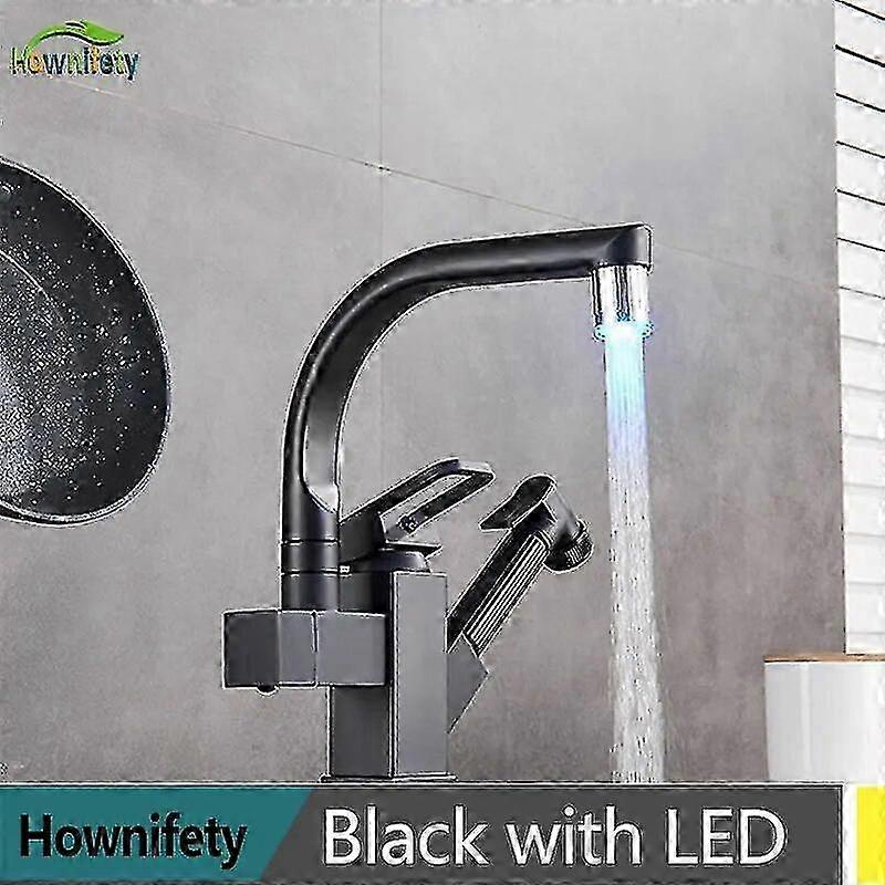 絶妙なLEDかどうかブラックキッチン蛇口引き出しビデスプレーデッキマウントホットコールドミキサータップ360回転スイベルバスルームシンククレーン