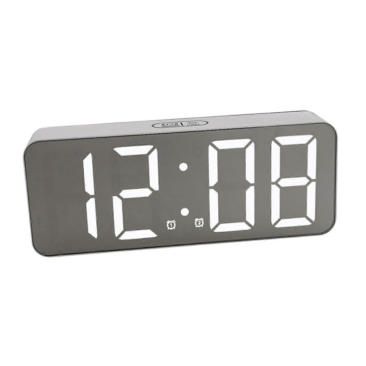 LED Digital Alarm Clock with Mirror Surface, Calendar, Temperature Display, Desktop & Wall Mount, White Silver