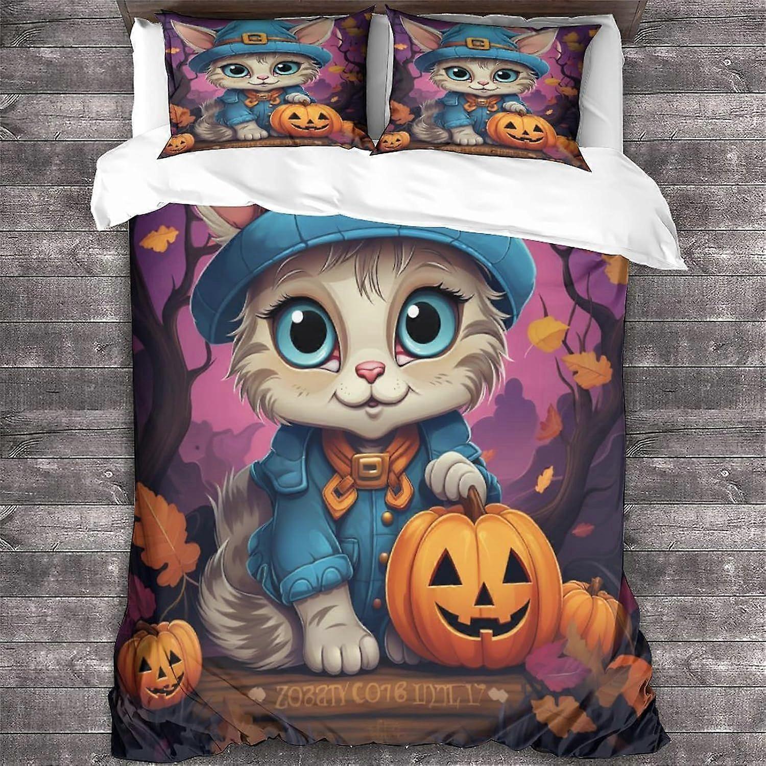 LikeEj Katt Sängkläder Set 3D Djurtryckt Bekväm Halloween Påslakan Set Med Örngott Sängkläder, Sängkläder Sängkläder Hem Textil