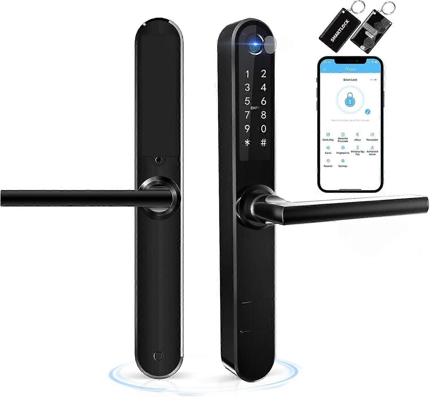 Slim Smart Fingerprint Door Lock with Handles, Keyless Entry Door Lock, Bluetooth Fingerprint Keypad Card Keyless Unlock for Aluminum Swing