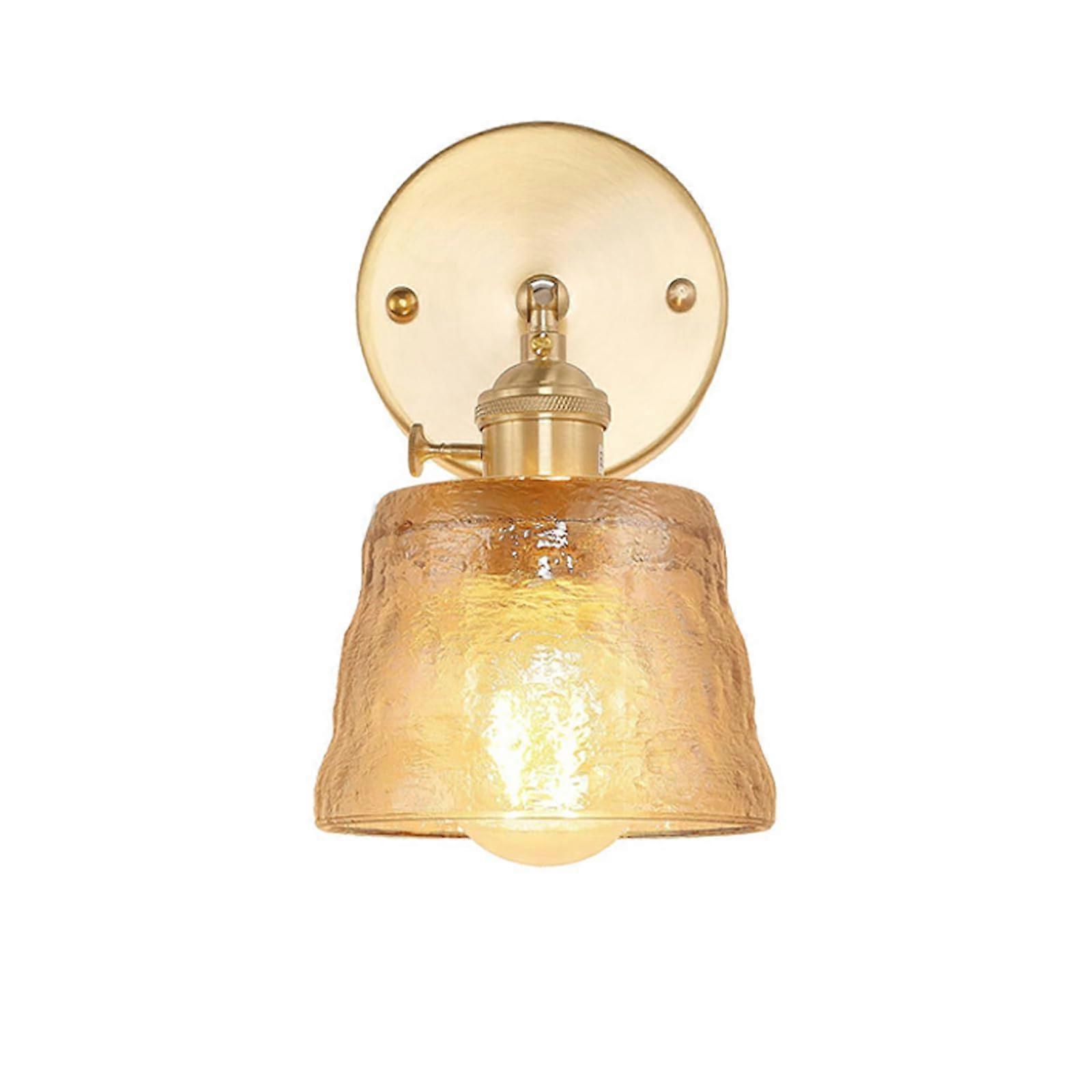 Amber Glass Wall Sconce with Brass Switch, Elegant Cylindrical Light for Bedroom Bedside