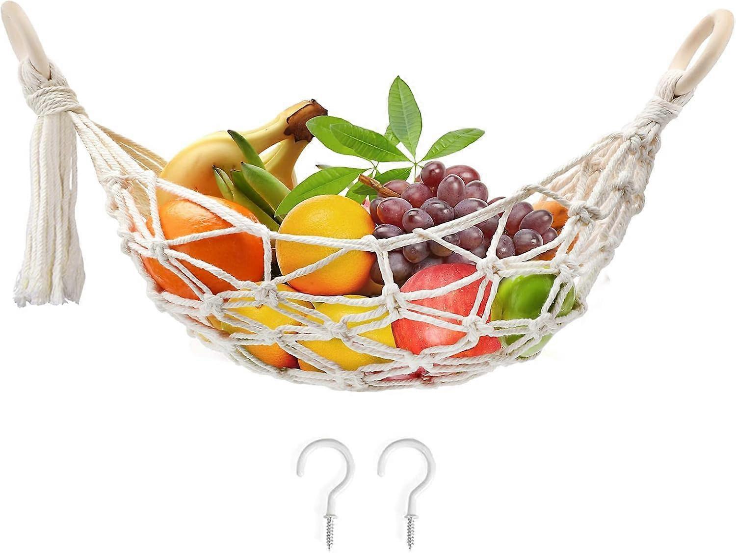 Boho Hanging Fruit Basket for Kitchen, Handwoven Under Cabinet Fruit and Vegetable Holder