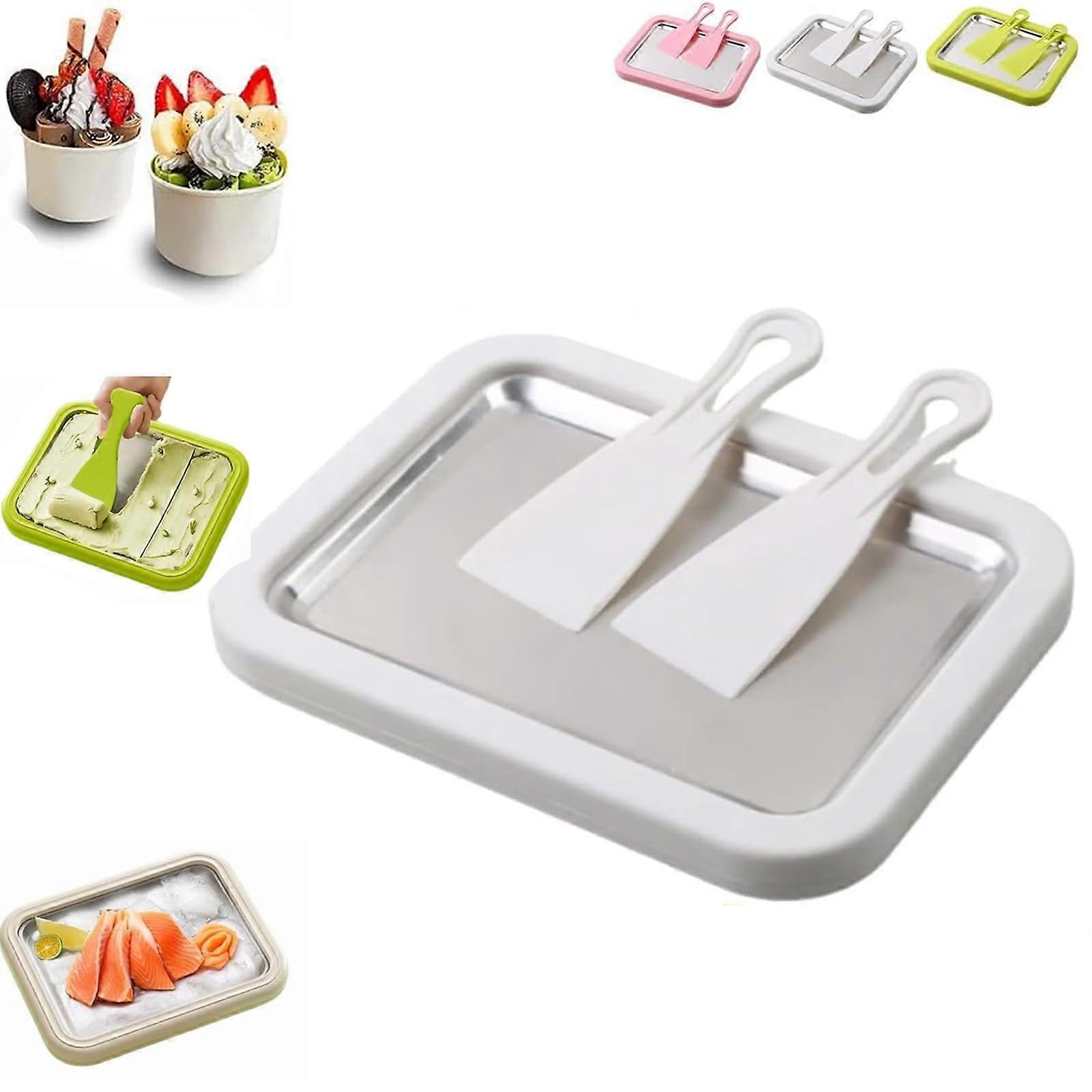 Rolled Ice Cream Maker Tray Stainless Steel Pan for Home NoPower Use with Dual Scrapers White