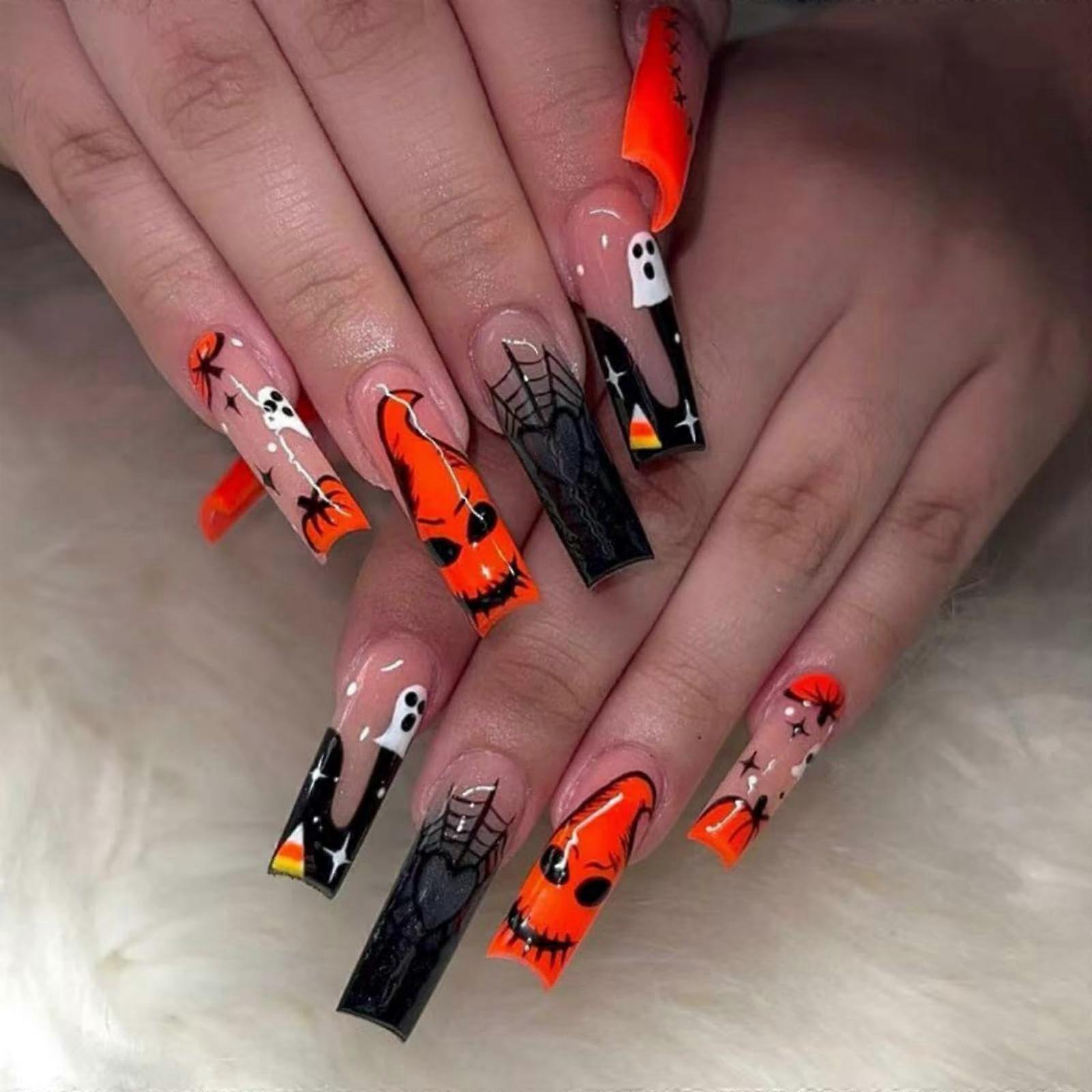 Halloween Press On Nails Set Long Square Fake Nails with Spider Web Pumpkin Ghost Design 24pcs