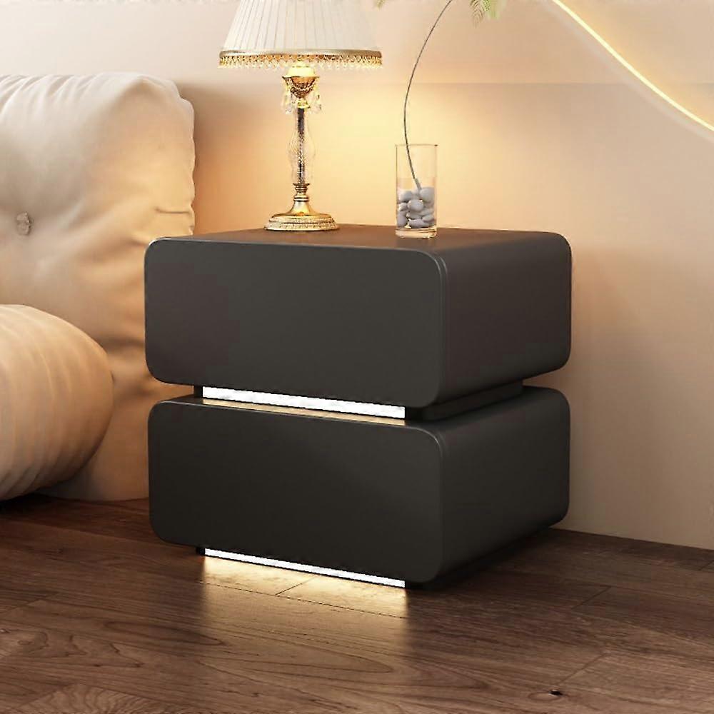 Nightstand with LED Lights, Solid Wood Modern Bedside Table with Smart Motion Sensor and 2 Drawers, Black 19.6'
