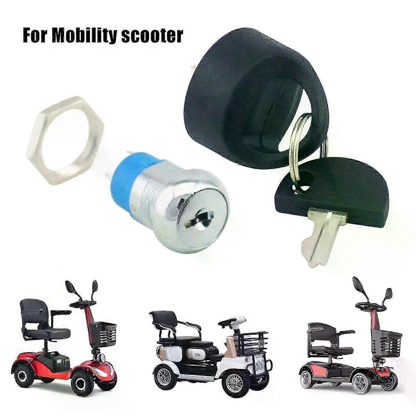 One ignition switch lock and two keys are included for replacing the start/stop ignition switch key on Pride electric mobility scooters.