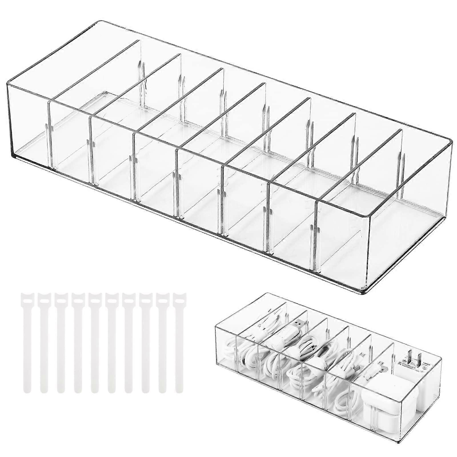 Cable Organizer Box with 8 Adjustable Compartments and 10 Ties, Clear SpaceSaving Storage