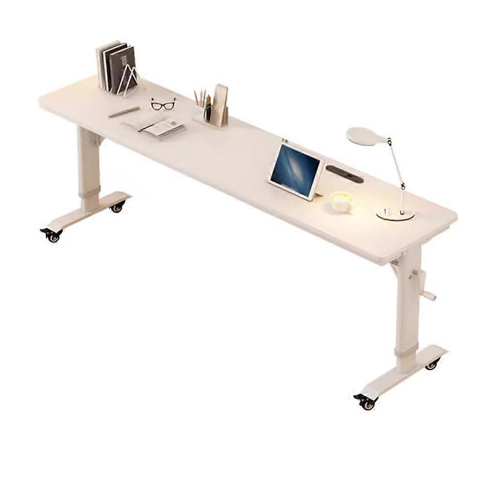 Overbed Table White Height Adjustable Bedside Table with Brakeable Wheels and Woodstyle