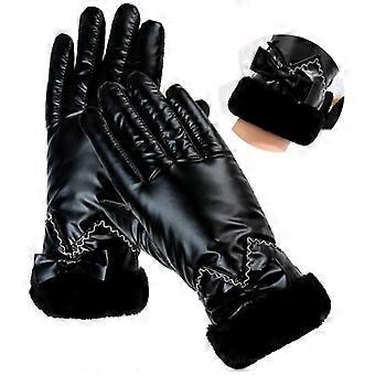 Damen-Winterhandschuhe mit Touchscreen und Fellfutter für die Nutzung von Smartphones und Tablets, schwarz glänzend