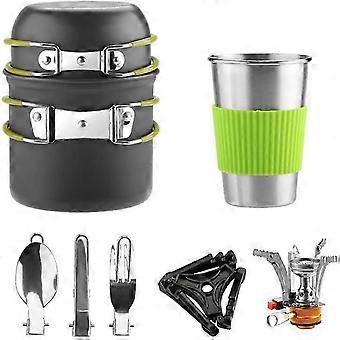 Camping Cookware Mess Kit with Mini Stove,Lightweight Pot Tank Bracket Knife Fork Spoon and Stainless Steel Cup for Outdoor Camping Backpacking Hiking