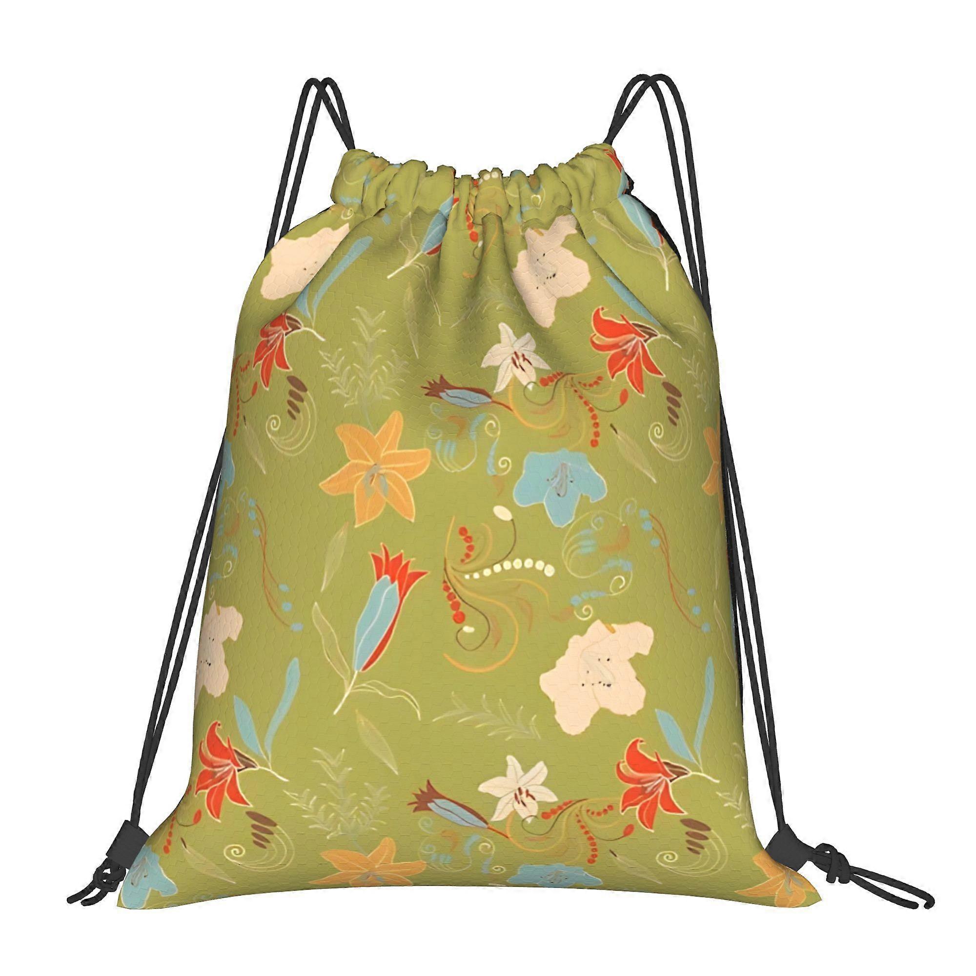Lily Floral Green Pattern Scarf Drawstring Backpack-Cqazw