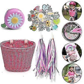 front Bike Basket with Handlebar Streamers for Kids' Woven Wicker BicycleJJ
