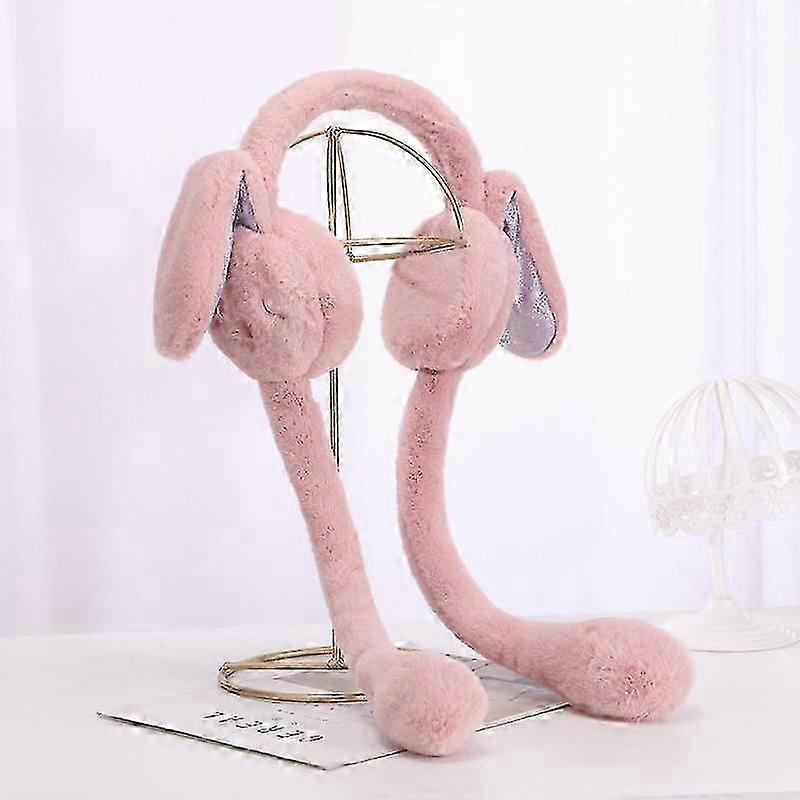 Cache-oreilles en peluche avec oreilles de lapin, oreilles mobiles, protège-oreilles chauds, bandeau en forme d'oreilles de lapin rose, protection thermique pour l'hiver. (Taille L)