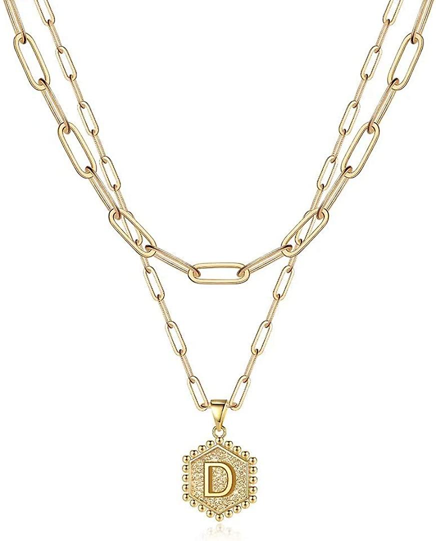 Délicat couches colliers initiales pour femmes, collier chaîne trombone plaqué or 14 carats Simple mignon hexagone lettre pendentif initiale collier ras de cou or L