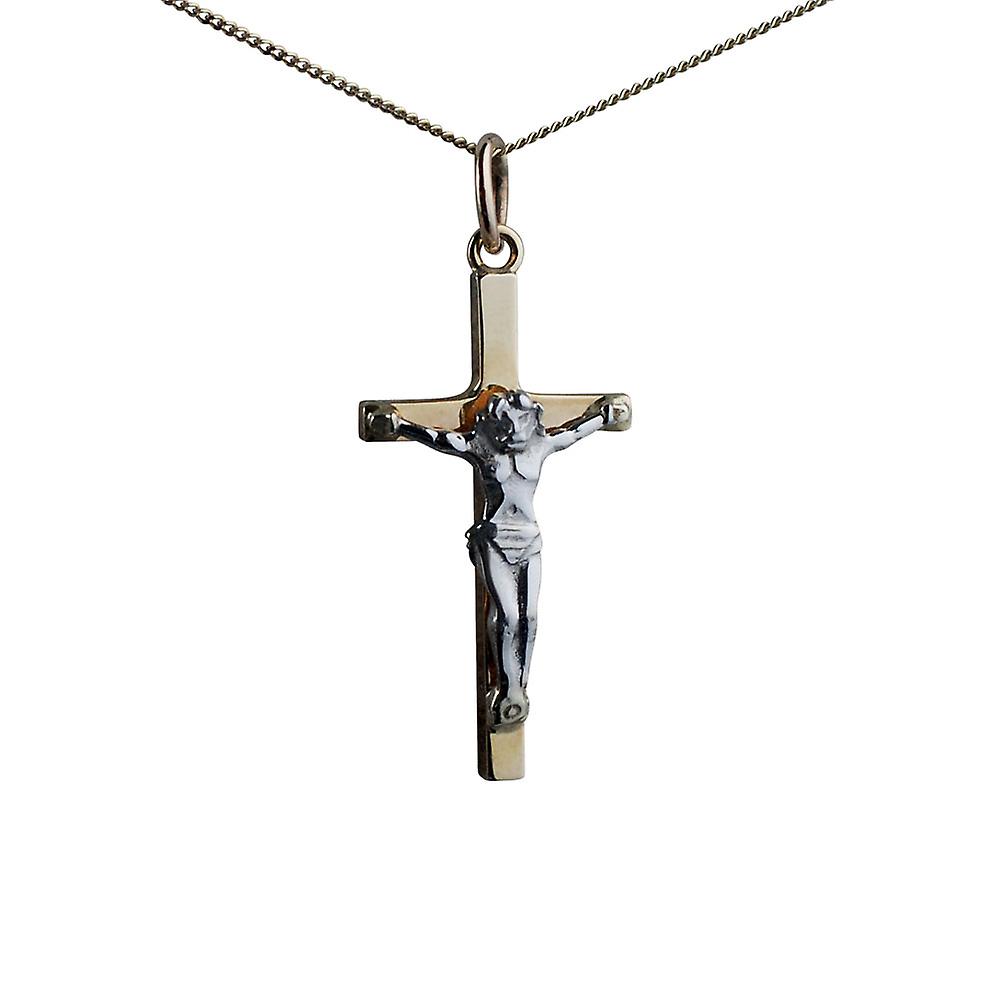 9ct Gold 25x14mm solid block Yellow Cross and White Crucifix with a curb Chain 16 inches Only Suitable for Children