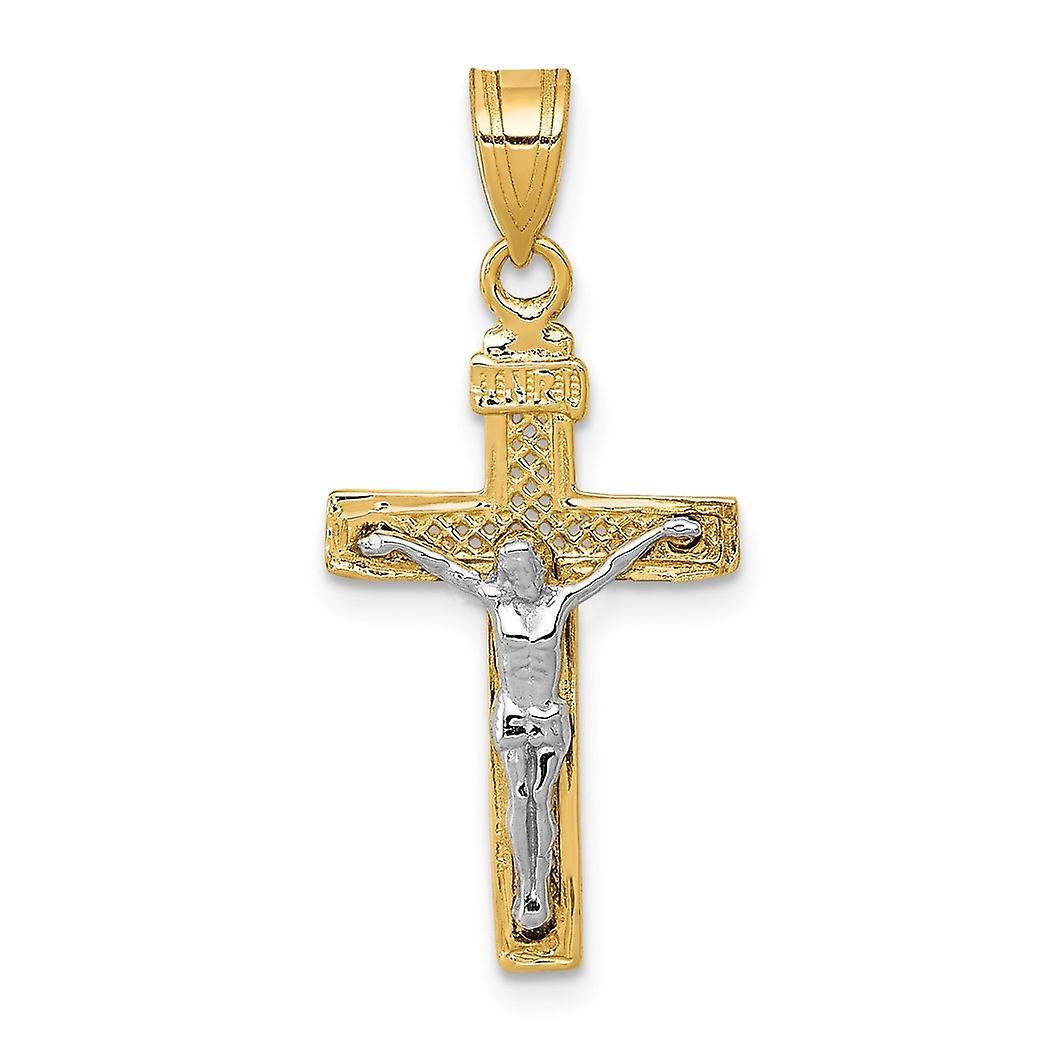 13mm 10k Solid Gold Two tone Sparkle Cut Small Block Lattice Religious Faith Cross With Crucifix Pendant Necklace-Pendan