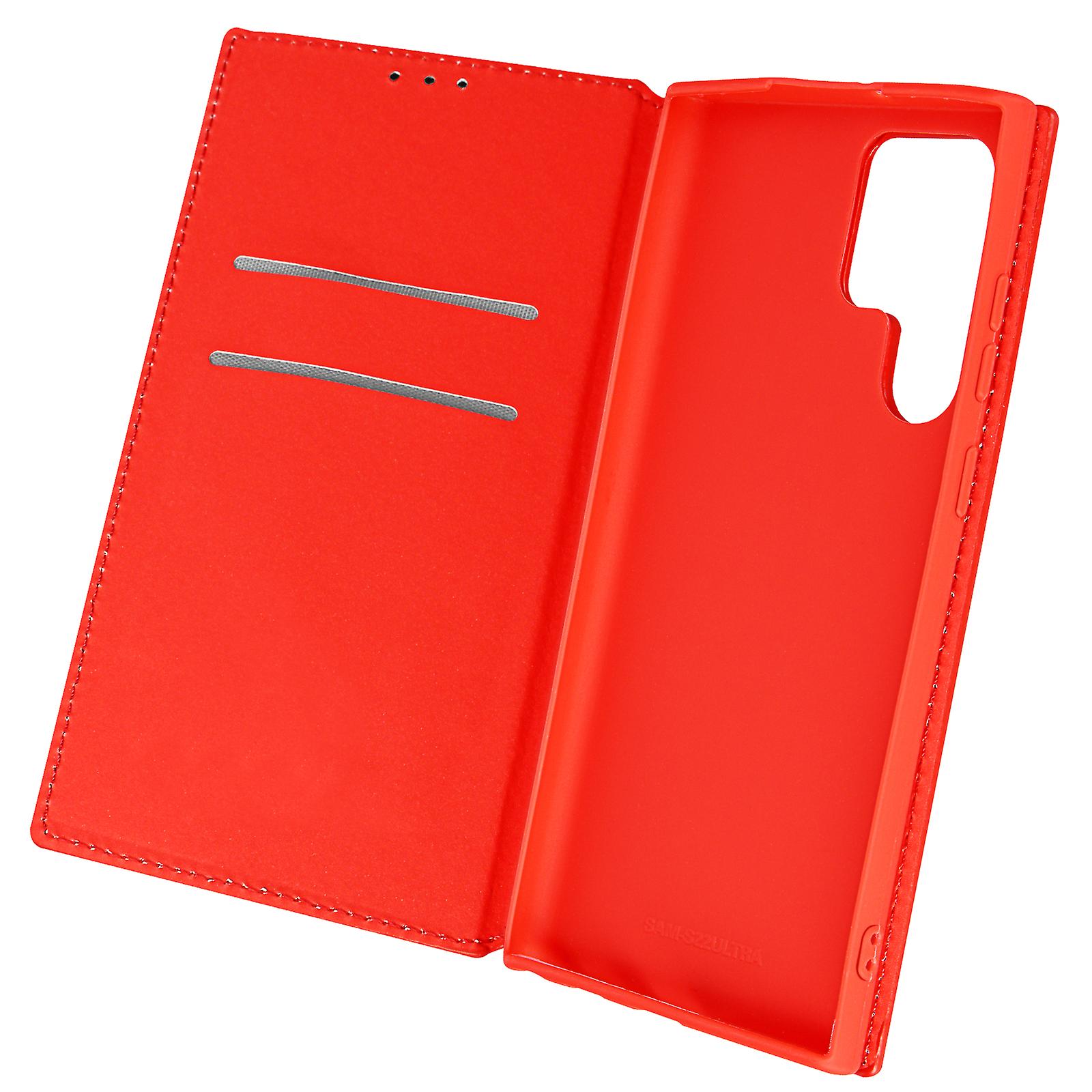 Flip Case for Galaxy S22 Ultra Magnetic Card Holder & Video Support Red