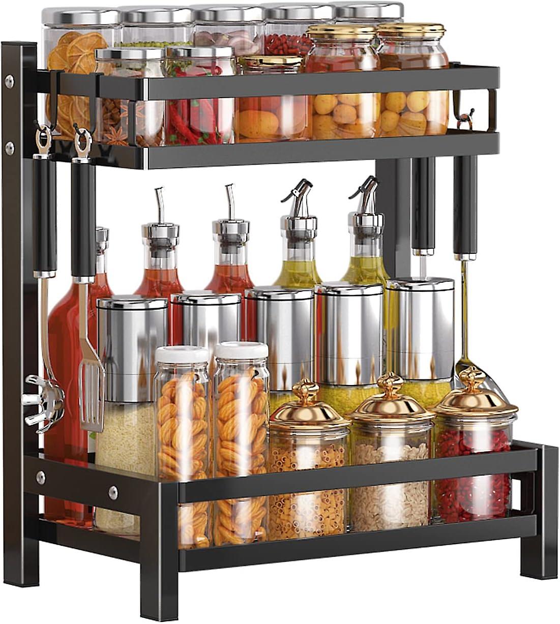 2-Tier Rustproof Spice Rack لتخزين المطبخ ، رف التوابل ، منظم مطبخ كونترتوب مع خطافات ، أسود ، 32 * 20 * 40 سم