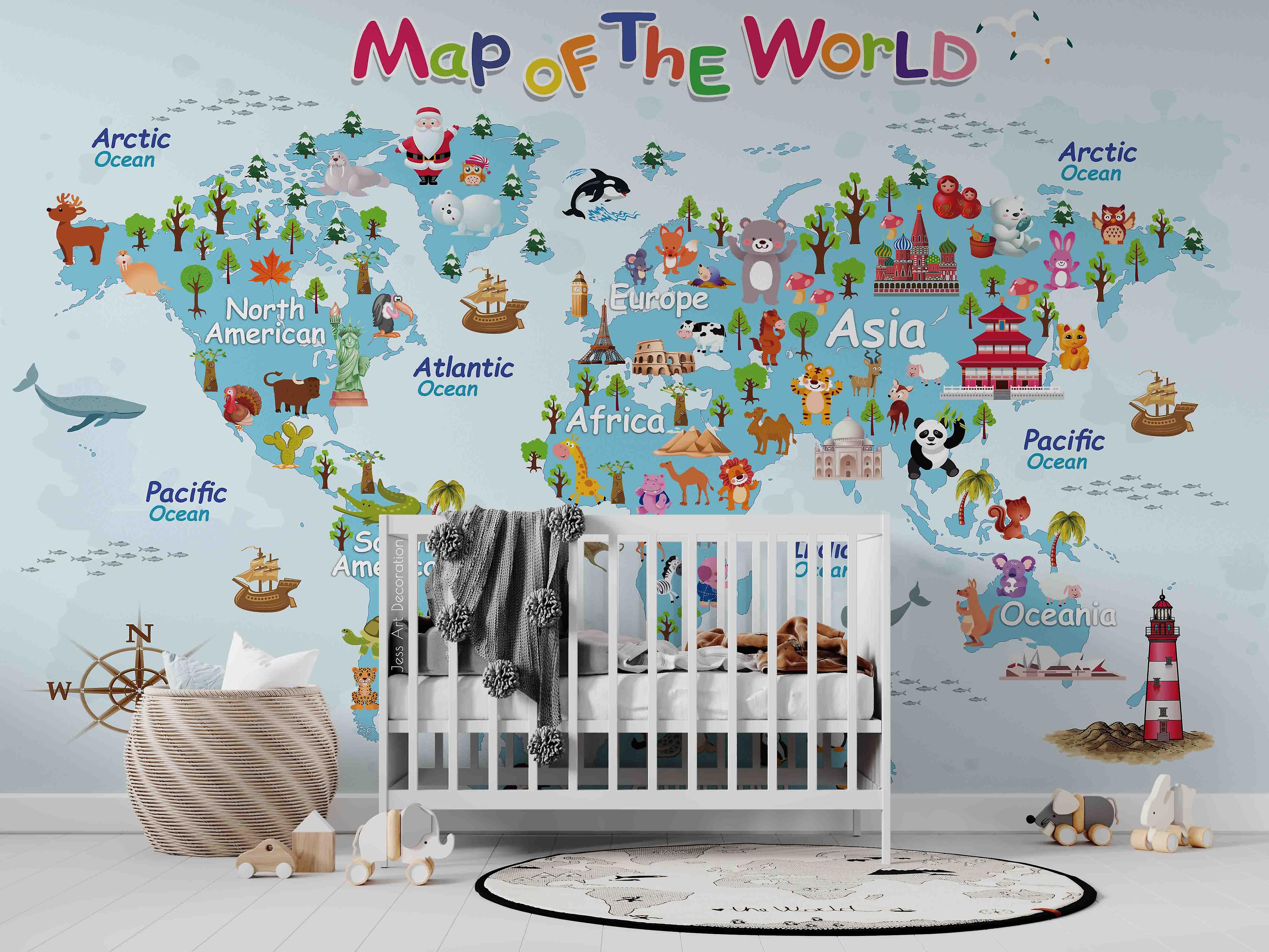 3D world map animal ocean Wall Paper 300cm wide by 227cm high IN VINYL main image 1