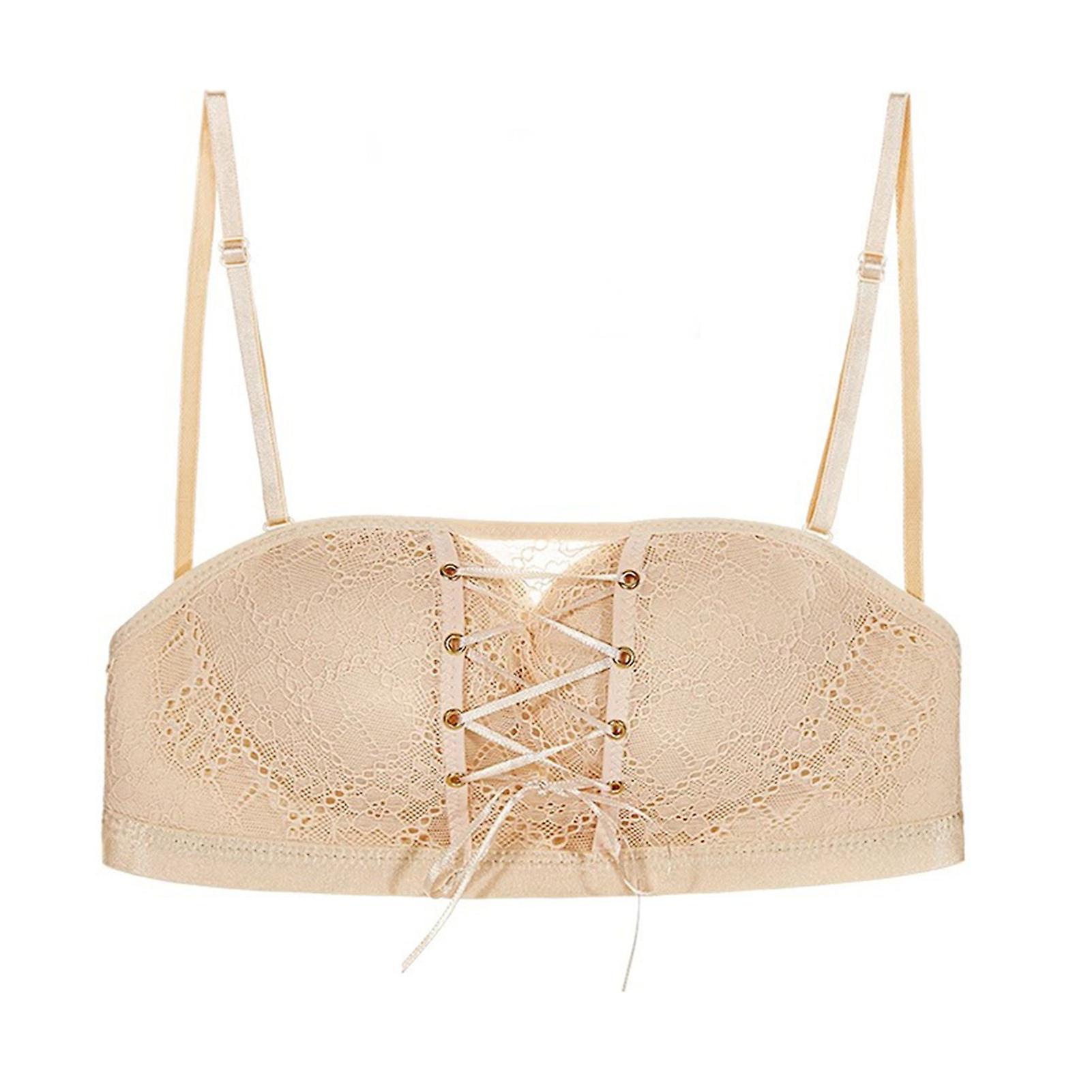 Strapless Lace Drawstring Bandeau for Daliy Push up Sponge Bra with Detachable Strap for Wedding Party Fall-off-proof