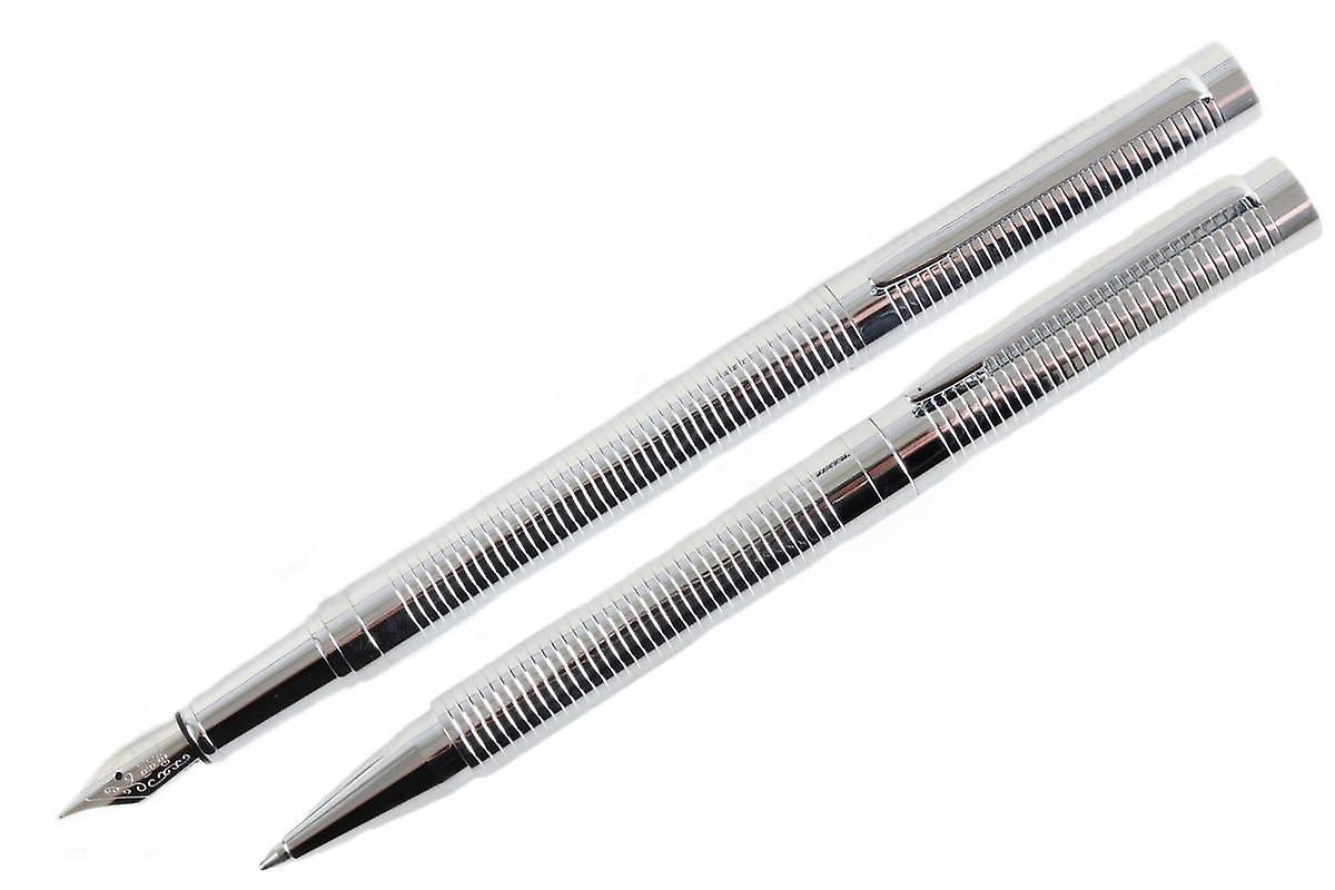 David Aster Ribbed Fountain Pen and Ballpoint Pen Set - Silver