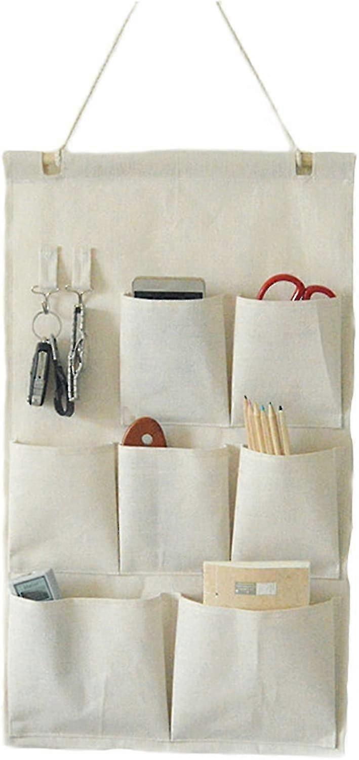 Hanging wardrobe door organizer in linen/cotton with hooks (seven pockets)