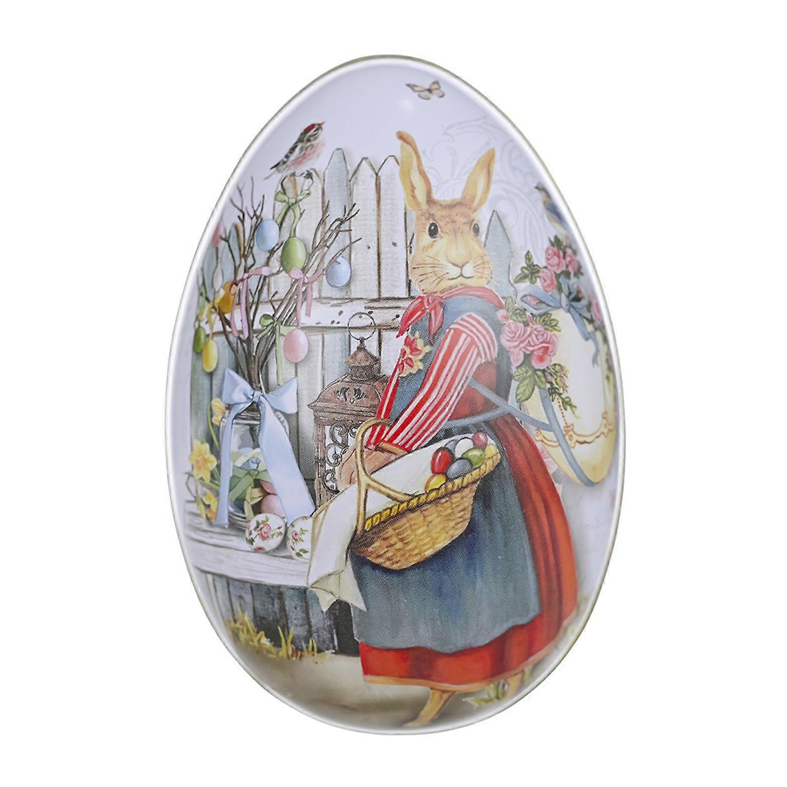 unbrand for Creative Cute Tinplate Organizer Bunny Printed Metal Easter Egg Shaped Candy Box Chocola