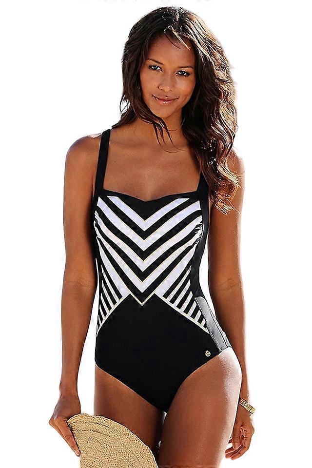 Women's swimsuit, one piece, classic pattern, striped print, size M, black