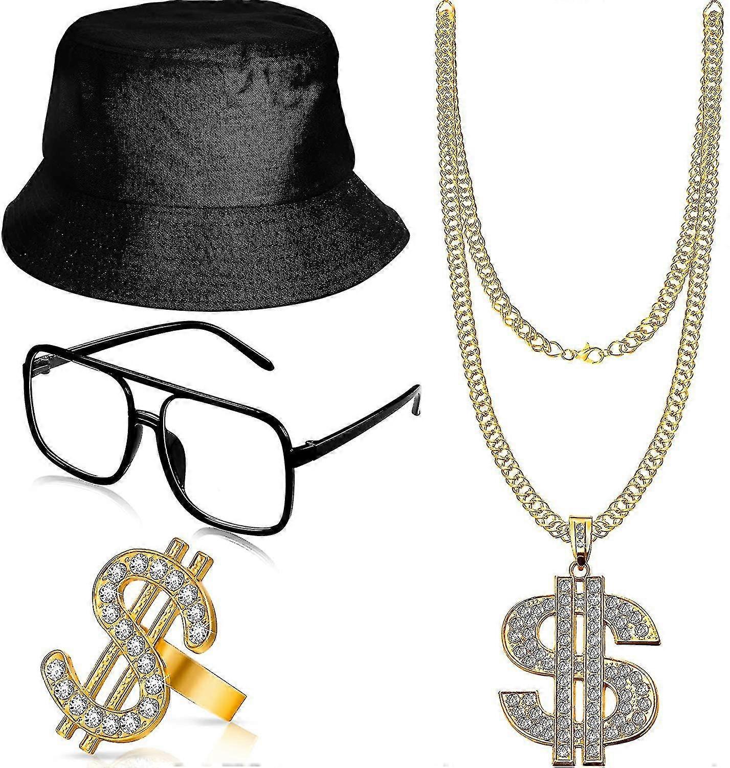 Hip Hop Costume Kit, With Bucket Hat, Sunglasses ,gold Chain & Ring,80s/90s Rapper Accessories