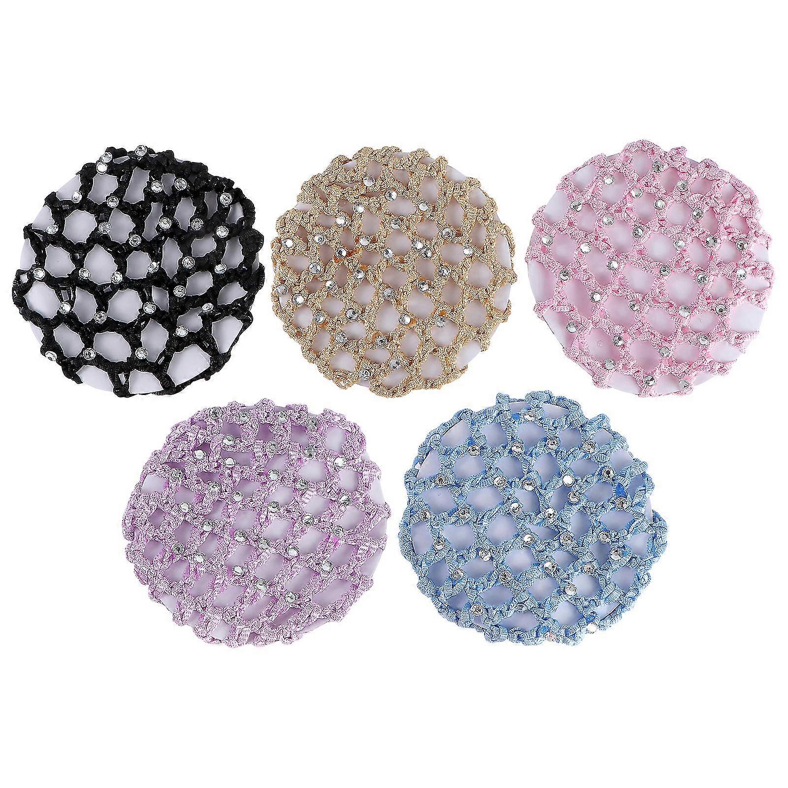 5pcs Elastic Hair Snood Net Handmade Crochet Hairnet Heardress for Dance Performance (noir + jaune maïs + violet clair + rose + bleu clair)