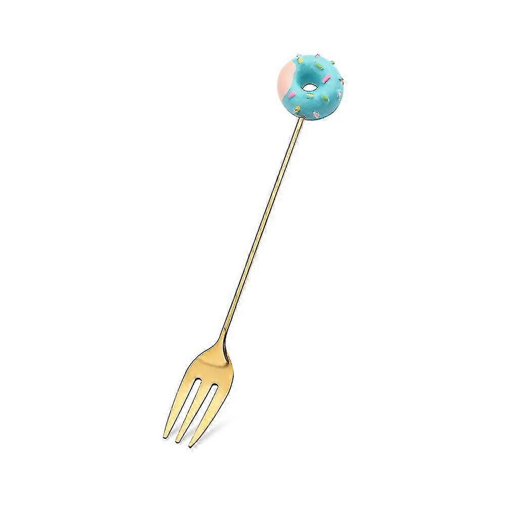 Creative Cartoon Small Spoon Dessert Fork Donut Spoon Lollipop Macaron Spoon Small Spoon Cake Spoon Fork 6 Pieces Donut Golden Fork Blue
