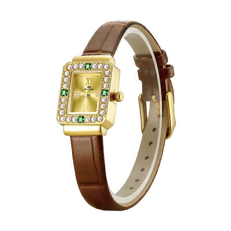 1PC Women's Watch Light Luxury Green Gemstone Pearl PU Leather Jewelry Wrist Watch for Lady Gift